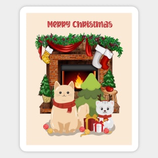 Brown and white cats celebrate Christmas eve Magnet